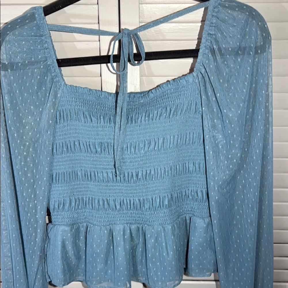 LC Lauren Conrad Blue Puff Sleeve Smocked Blouse - Picture 6 of 10